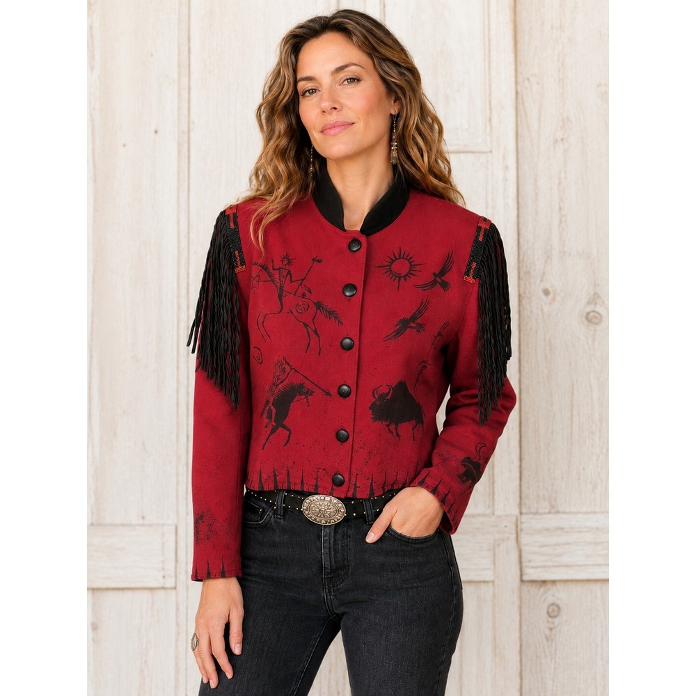 Double D Ranch Red Western Jacket Beaded Fringe Native Style Pictograph M
